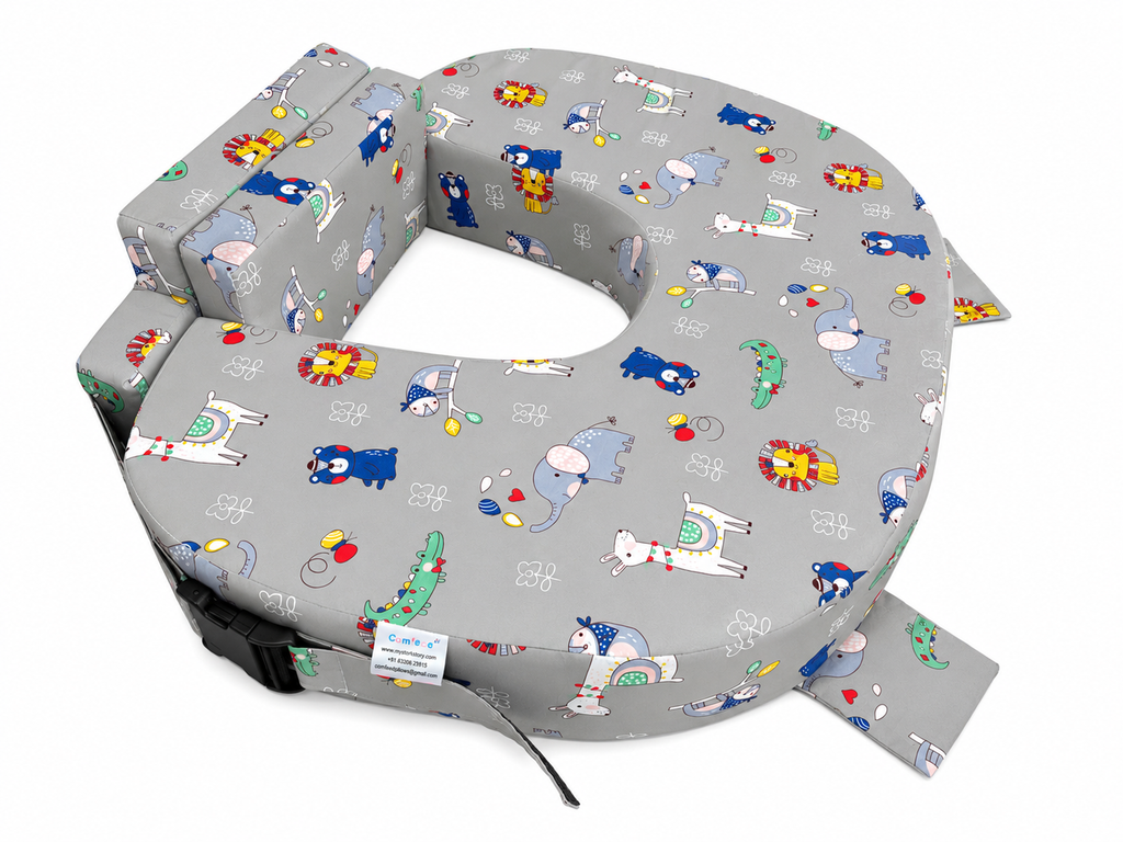 Comfeed By Nina Large Or Twins Feeding Pillow With Back Support & Silent Release Buckle - Grey animals