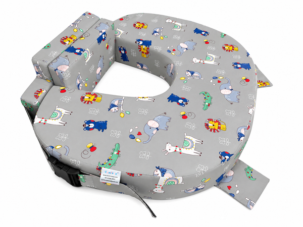 Comfeed By Nina Large Or Twins Feeding Pillow With Back Support & Silent Release Buckle - Grey animals