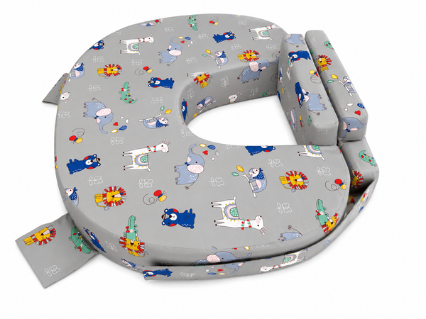 Comfeed By Nina Large Or Twins Feeding Pillow With Back Support & Silent Release Buckle - Grey animals