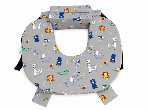 Comfeed By Nina Large Or Twins Feeding Pillow With Back Support & Silent Release Buckle - Grey animals