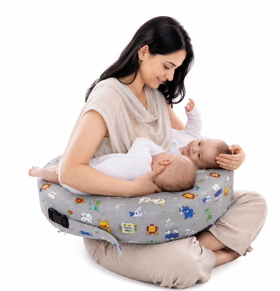 Comfeed By Nina Large Or Twins Feeding Pillow With Back Support & Silent Release Buckle - Grey animals